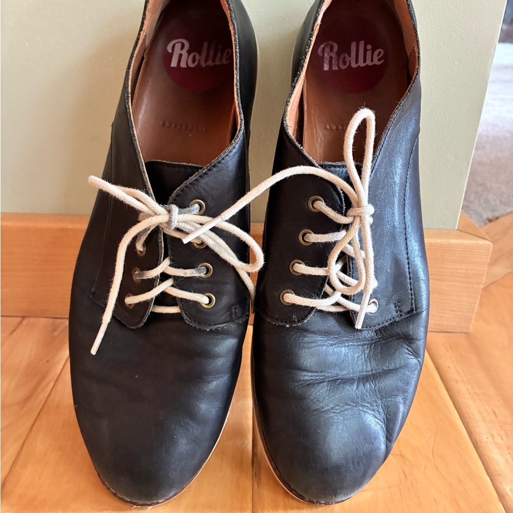 Women’s Black Leather Casual Derby Shoes with White Laces